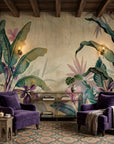 Tropical botanical Parchment & Bloom wallpaper with purple florals and green palm leaves on vintage beige background