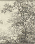 Classical Park Promenade toile wallpaper depicting sepia forest landscape with ancient trees and figures