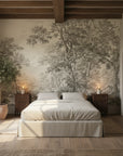 Park Promenade forest mural wallpaper with sepia trees in Mediterranean bedroom setting