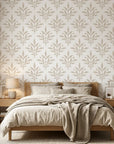 Pastel Bouquet Parade soft beige botanical damask wallpaper adding character to a cozy bedroom