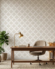 Pastel Bouquet Parade soft beige botanical damask wallpaper as a feature wall in a bright home office