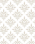 Elegant beige botanical motifs on white Pastel Bouquet Parade peel and stick wallpaper in soft neutral tones
