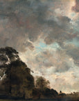 Romantic landscape Pastoral Meadow wallpaper with dramatic storm clouds and silhouetted trees in moody earth tones