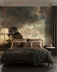 Dramatic Pastoral Meadow mural wallpaper with stormy sky and silhouetted tree on bedroom accent wall
