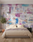 Patchwork Bloom vibrant magenta and blue abstract in a warm and inviting living room