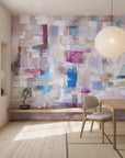 Patchwork Bloom vibrant magenta and blue abstract as a feature wall in a bright home office