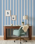 Pavilion Stripe blue and grey striped wallpaper as a feature wall in a bright home office