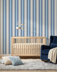 Pavilion Stripe blue and grey striped wallpaper creating ambiance in a serene bathroom