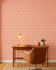 Peach Blossom coral and blush scallop floral wallpaper as a feature wall in a bright home office
