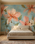 Peach Tide floral wallpaper with oversized blooms on blue background in elegant bedroom setting