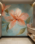 Peach Tide floral wallpaper mural featuring coral blossoms on blue in modern bathroom setting