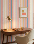 Peach & Flame retro stripe peel and stick wallpaper creating ambiance in a serene bathroom