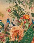 Ornate Peacock Garden wallpaper featuring vibrant peacocks, tropical birds, and blooming florals on warm peach background