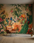 Coral and teal Peacock Garden peel and stick wallpaper with exotic birds and tropical florals in modern living room