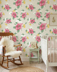 Peony Reverie pink vintage floral wallpaper as a feature wall in a bright home office
