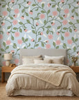 Petal Blush pink floral peel and stick wallpaper in a warm and inviting living room