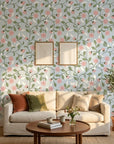 Petal Blush pink floral peel and stick wallpaper as a feature wall in a bright home office