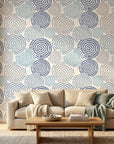 Petal Cascade blue swirls peel and stick wallpaper in a warm and inviting living room
