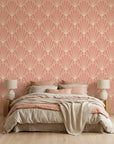 Petal Dawn blush pink and cream art deco fan wallpaper in a warm and inviting living room