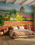 Canvas-like vibrant pink poppy field countryside landscape peel and stick wallpaper - Petal Flood