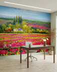 Petal Flood vibrant pink poppy field landscape wallpaper as a feature wall in a bright home office