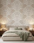 Petal Symphony cream white baroque damask wallpaper adding character to a cozy bedroom