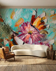Textured vibrant pink dahlia and orange butterfly painterly peel and stick wallpaper - Petal & Wing