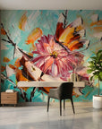 Petal & Wing vibrant floral and butterfly painterly wallpaper as a feature wall in a bright home office