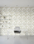 Petal Branch Sketch delicate blush botanical wallpaper as a feature wall in a bright home office