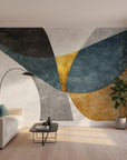Petal Facets bold navy and gold geometric in a warm and inviting living room