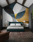 Petal Facets bold navy and gold geometric as a feature wall in a bright home office