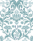 Elegant teal and white Petal Reflection damask wallpaper with ornate floral scrollwork pattern