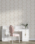 Beige and silver Petal Symphony damask wallpaper in elegant vanity room setting