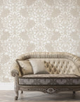 Petal Symphony removable wallpaper on elegant living room wall with vintage tufted sofa
