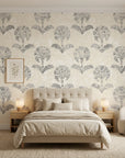 Pewter Bough neutral floral peel and stick wallpaper adding character to a cozy bedroom