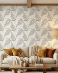 Pewter Fern neutral botanical peel and stick wallpaper in a warm and inviting living room