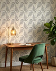 Pewter Fern neutral botanical peel and stick wallpaper as a feature wall in a bright home office