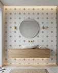Pewter Helm grey nautical ship wheel wallpaper creating ambiance in a serene bathroom