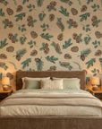 Pine & Frost green botanical peel and stick wallpaper adding character to a cozy bedroom