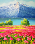Pink Ascent bold mountain and wildflower meadow wallpaper creating ambiance in a serene bathroom