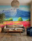 Canvas-like pink wildflower meadow and blue mountain landscape peel and stick wallpaper - Pink Ascent