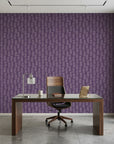 Plum & Vine serene purple trailing leaf wallpaper as a feature wall in a bright home office