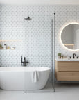 Poppy Ribbon playful blue striped floral wallpaper creating ambiance in a serene bathroom