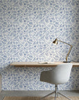 Porcelain Garden blue and white hummingbird floral wallpaper as a feature wall in a bright home office