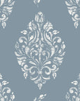 Elegant Porcelain Bouquet damask wallpaper with white floral scrollwork on dusty blue background
