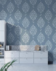 Slate blue and silver Porcelain Bouquet damask wallpaper in modern white kitchen with marble countertops