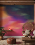 Prism Drift vibrant pink and blue abstract as a feature wall in a bright home office