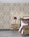 Taupe and white Pure Fern Fantasy medallion wallpaper in elegant bedroom with plum accents
