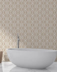 Taupe and white Pure Fern Fantasy peel and stick wallpaper in modern minimalist bathroom