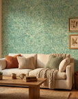 Quiet Camo serene green abstract wallpaper in a warm and inviting living room
